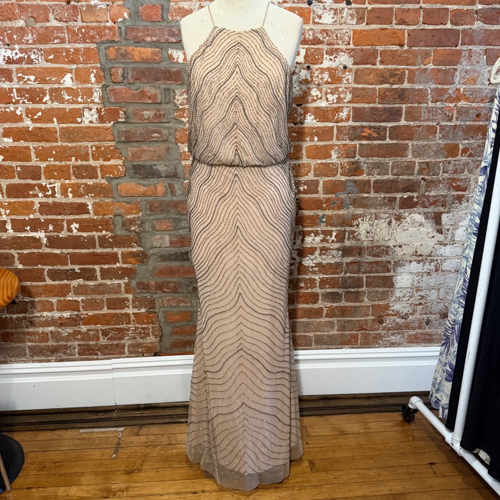 Adrianna Papell Beaded Gown Nude Halter Maxi Dress 20s style Sz 12